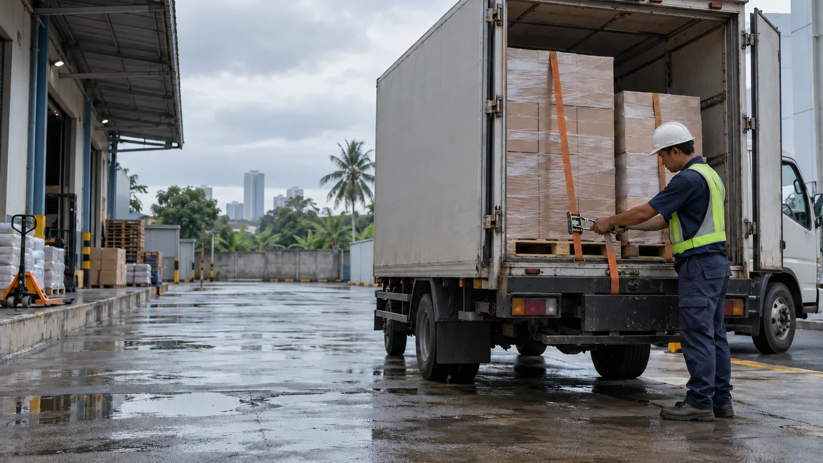 Sopir memeriksa tali pengikat palet di bak truk box yang terbuka di dock gudang
