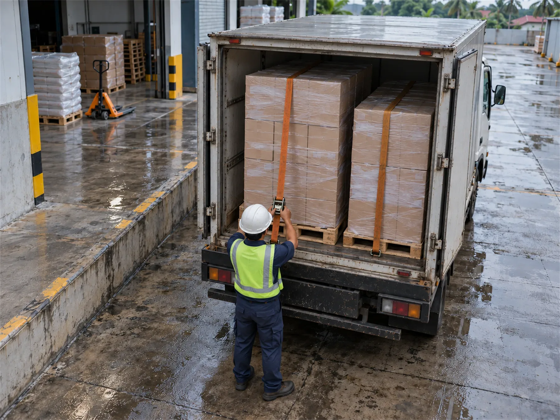 Petugas mengencangkan tali muatan palet di pintu belakang truk box sebelum berangkat