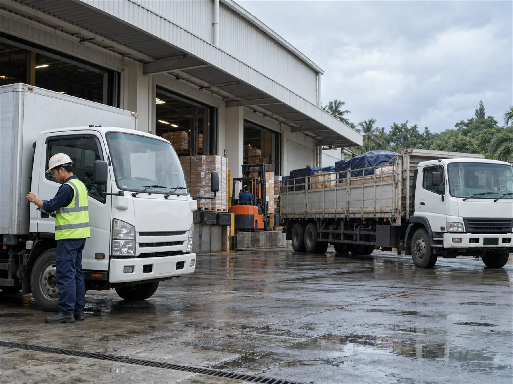 Truk box dan truk bak bersiap di dock muat gudang, sopir memeriksa kabin