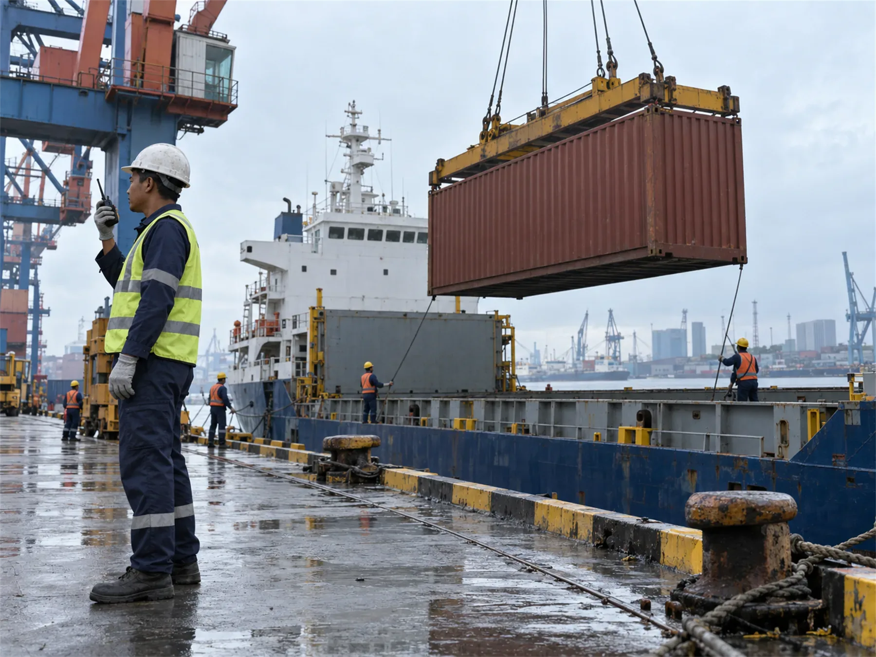Petugas berhelm mengarahkan kontainer yang diangkat crane ke kapal di dermaga