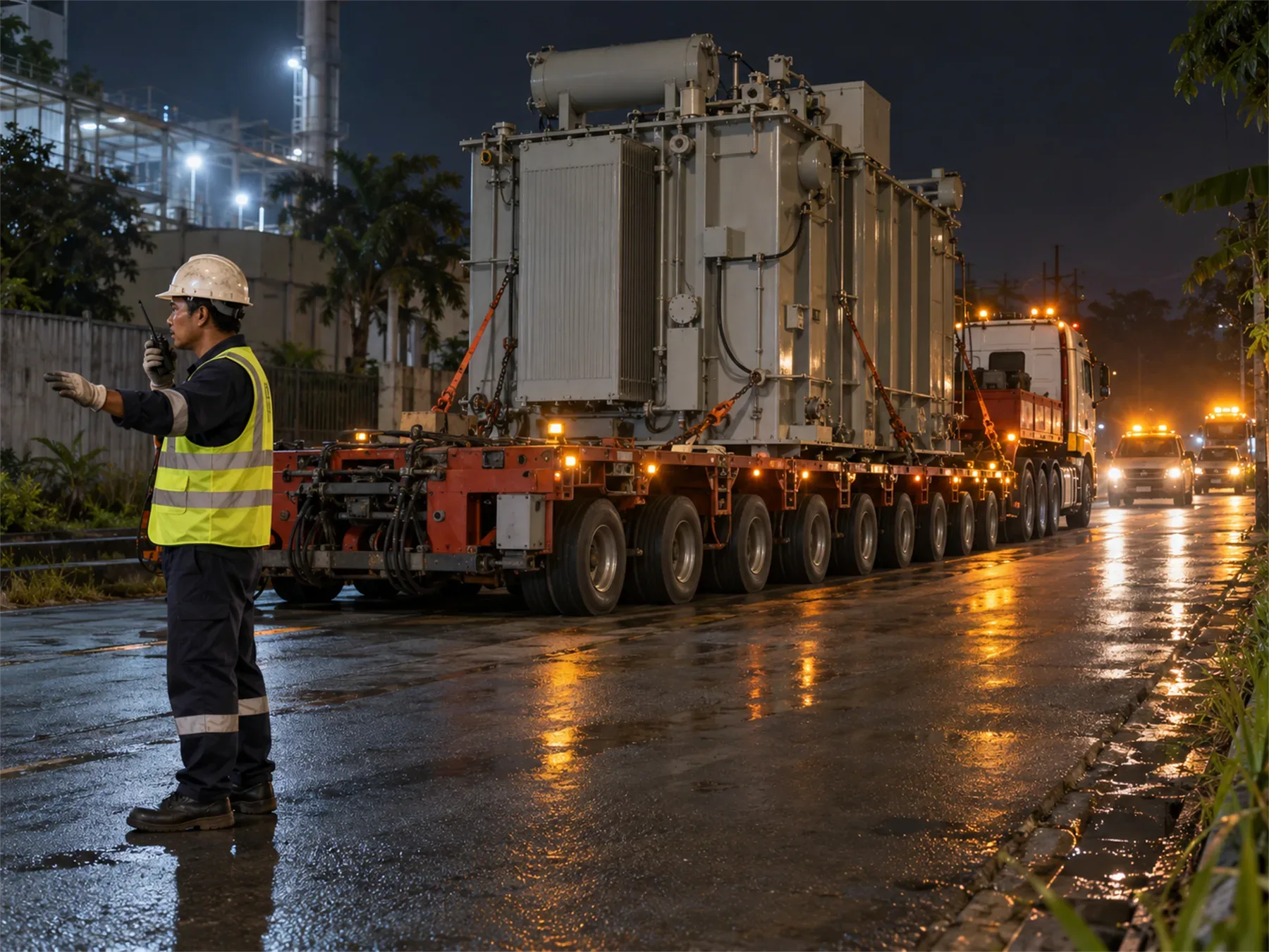 Trafo besar di atas trailer multi-axle saat pengangkutan malam, diarahkan supervisor berhelm