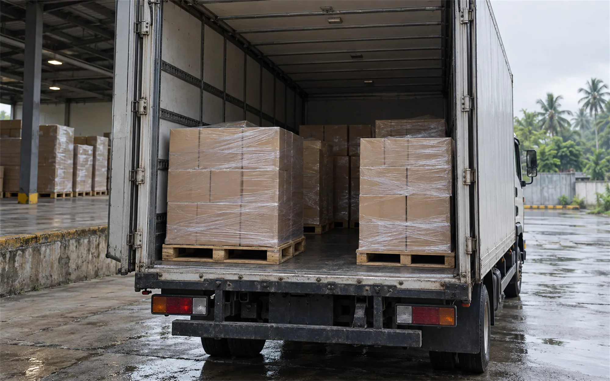 Bak truk box berisi palet kardus yang dibungkus stretch film