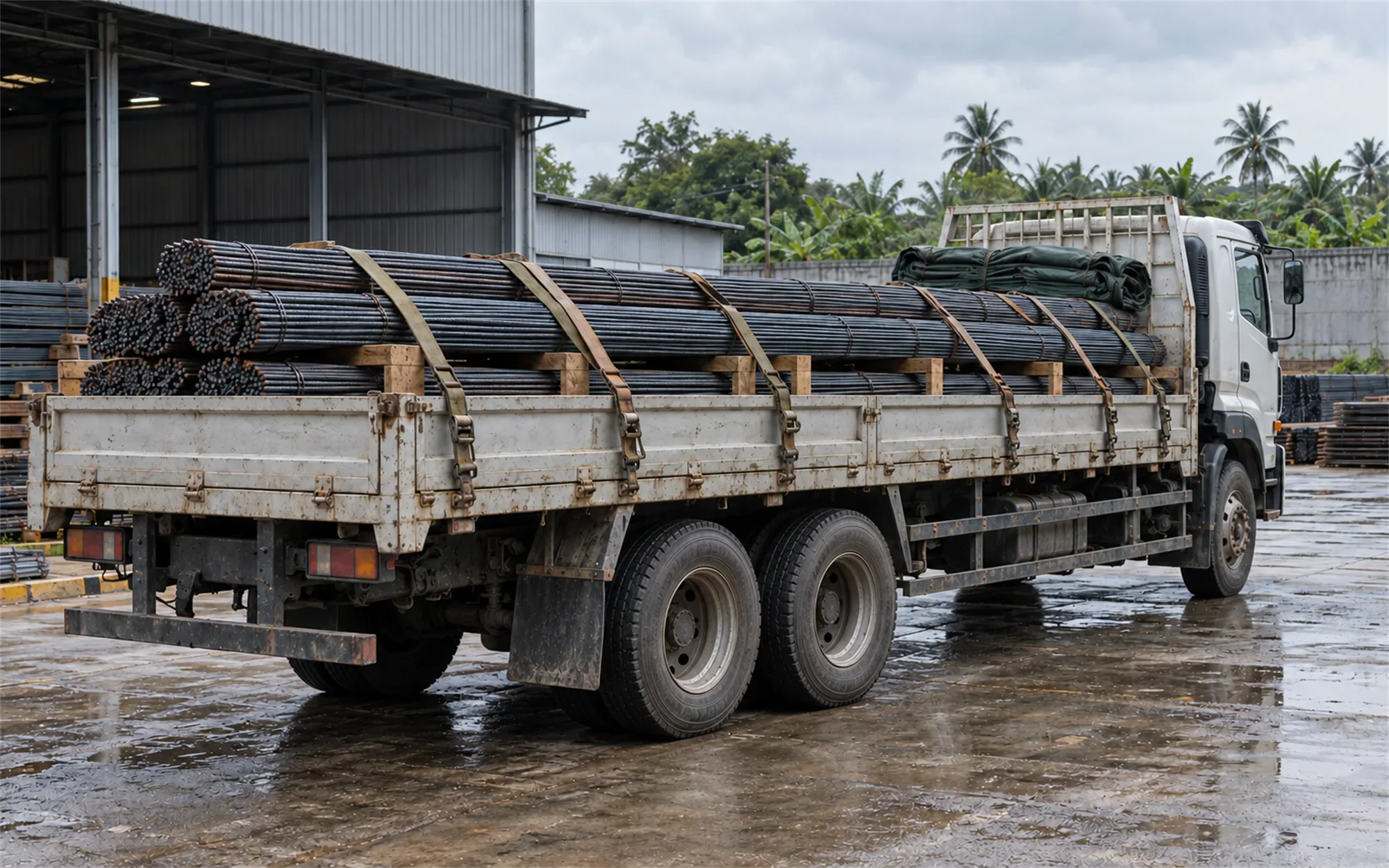 Truk tronton bak memuat besi beton yang diikat tali sepanjang bak
