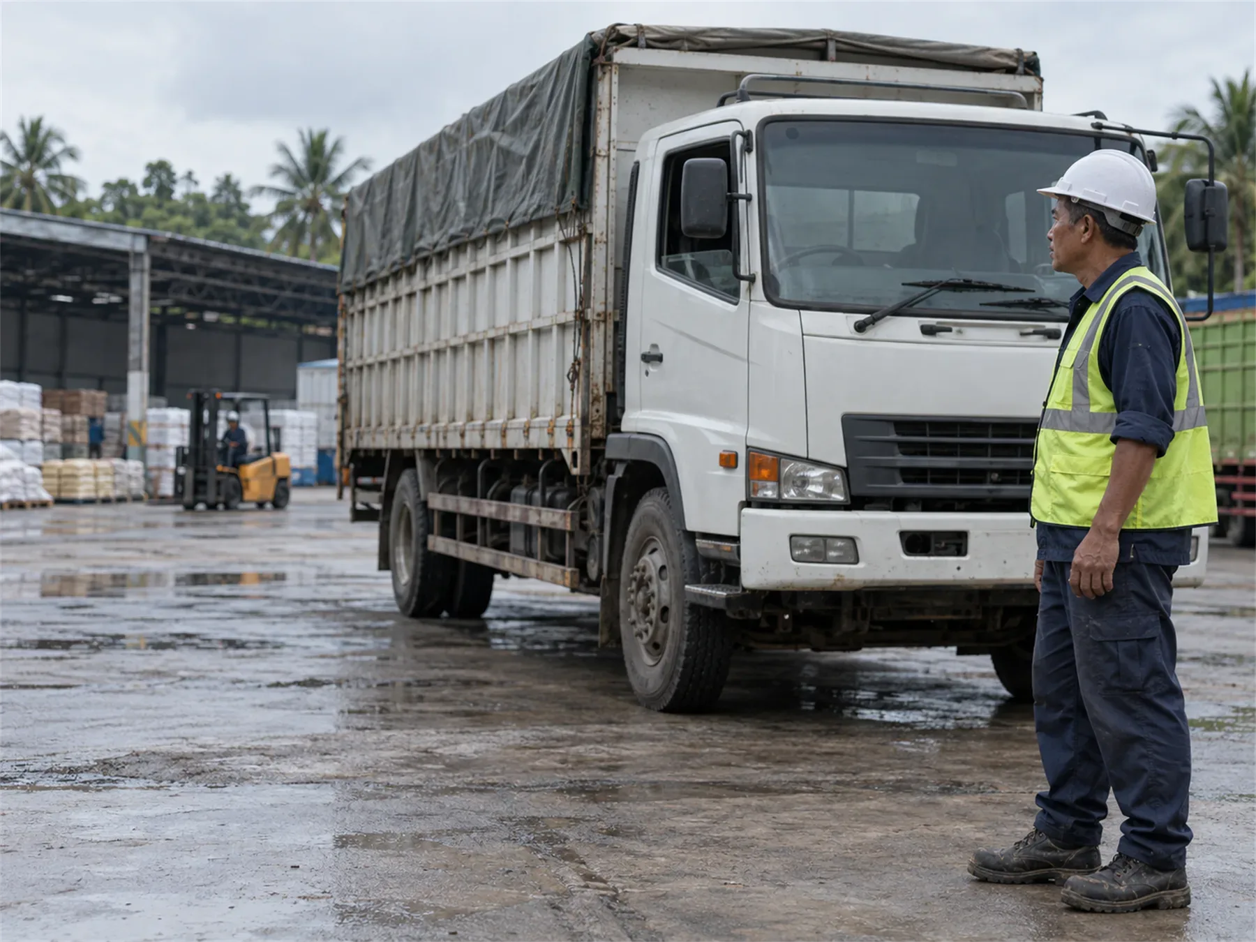 Partner fleet owner standing beside a tarpaulin-covered open-bed truck at a warehouse yard
