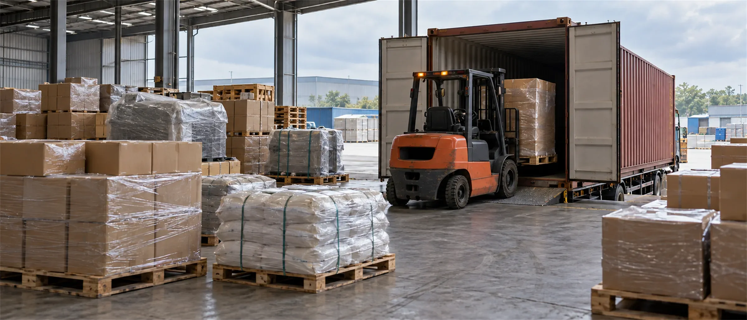 Palet berbagai muatan di gudang konsolidasi, sebagian dimuat forklift ke kontainer