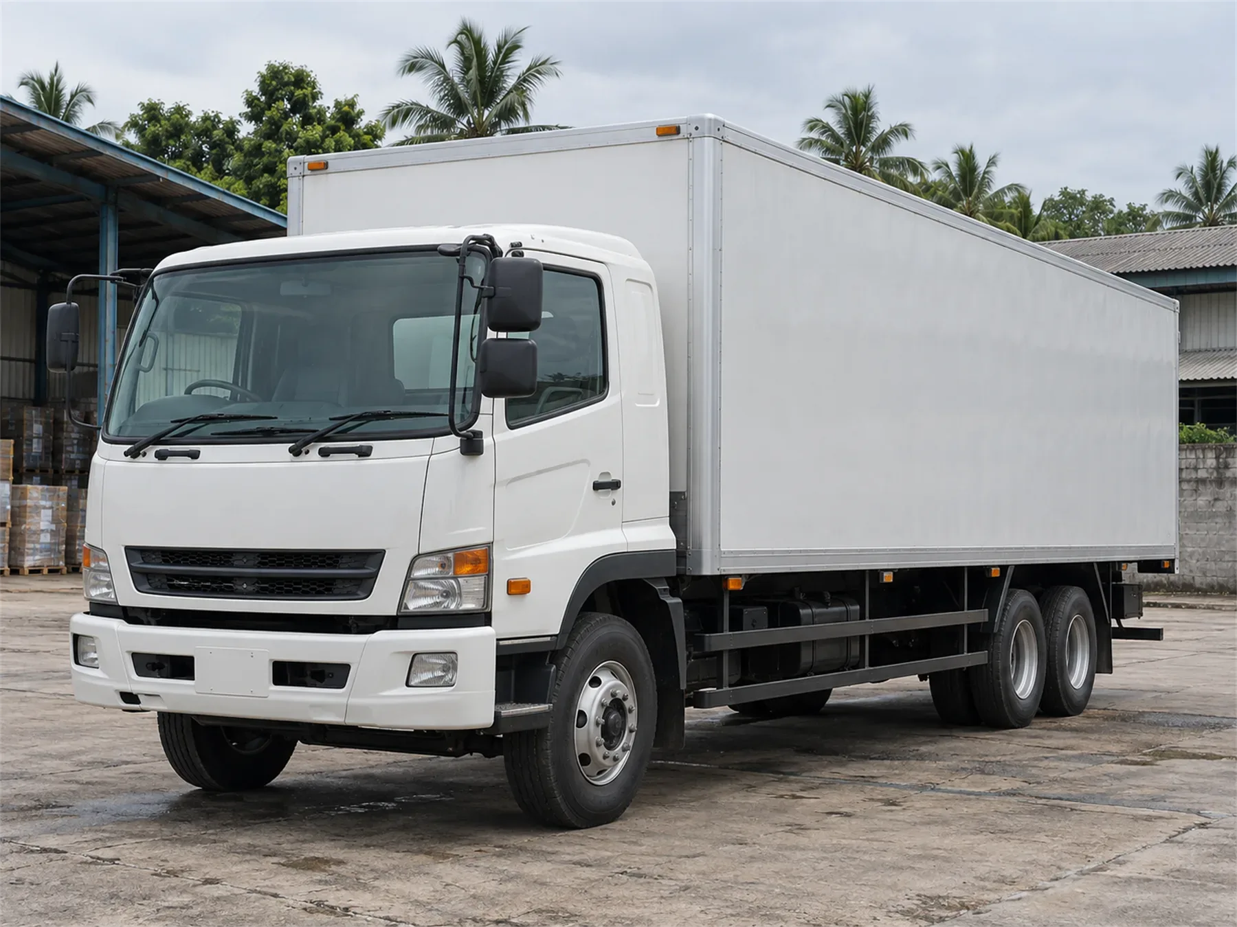 Truk Fuso box berwarna putih dengan bak tertutup panjang