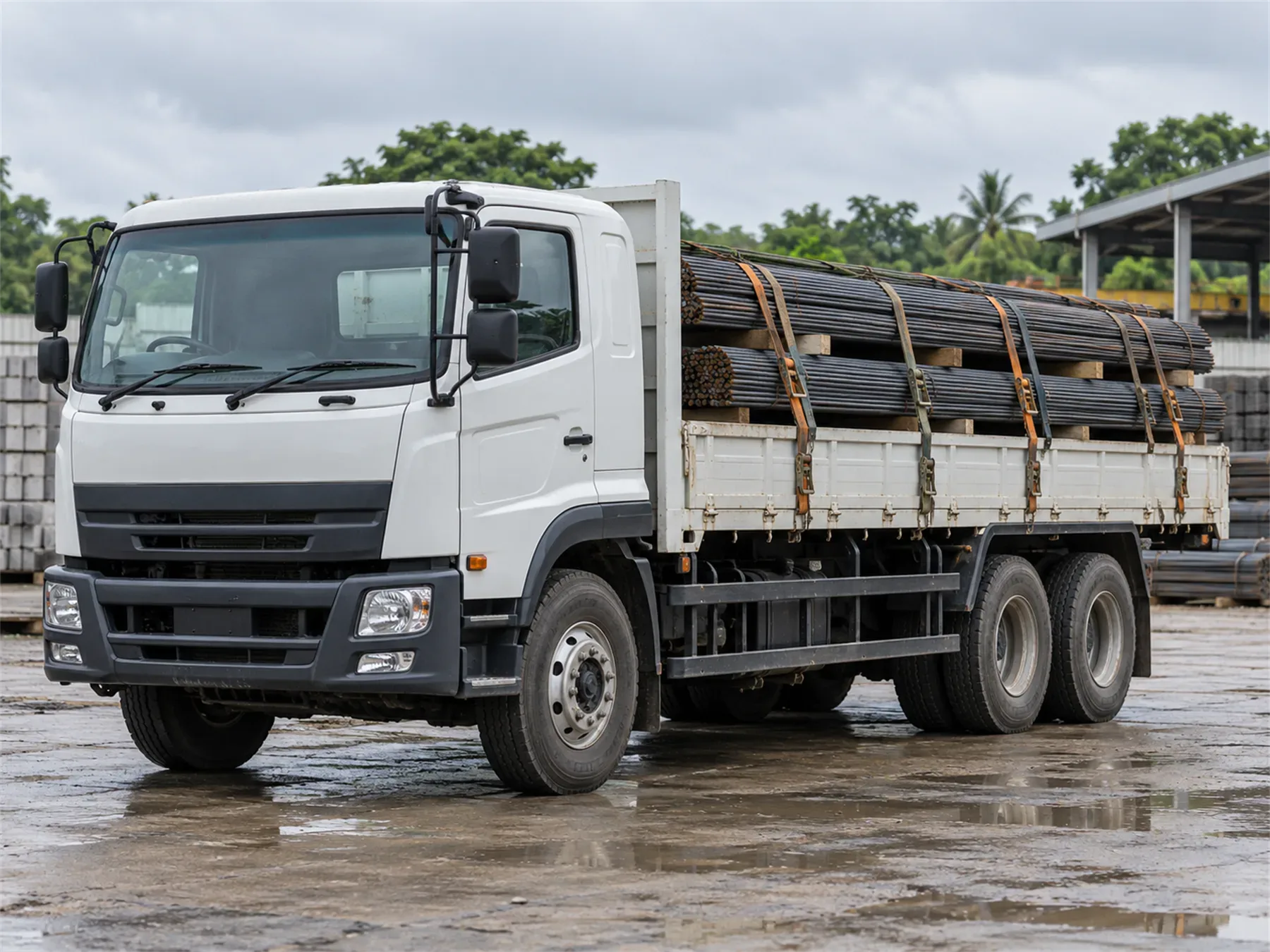 Truk tronton bak memuat besi beton yang diikat