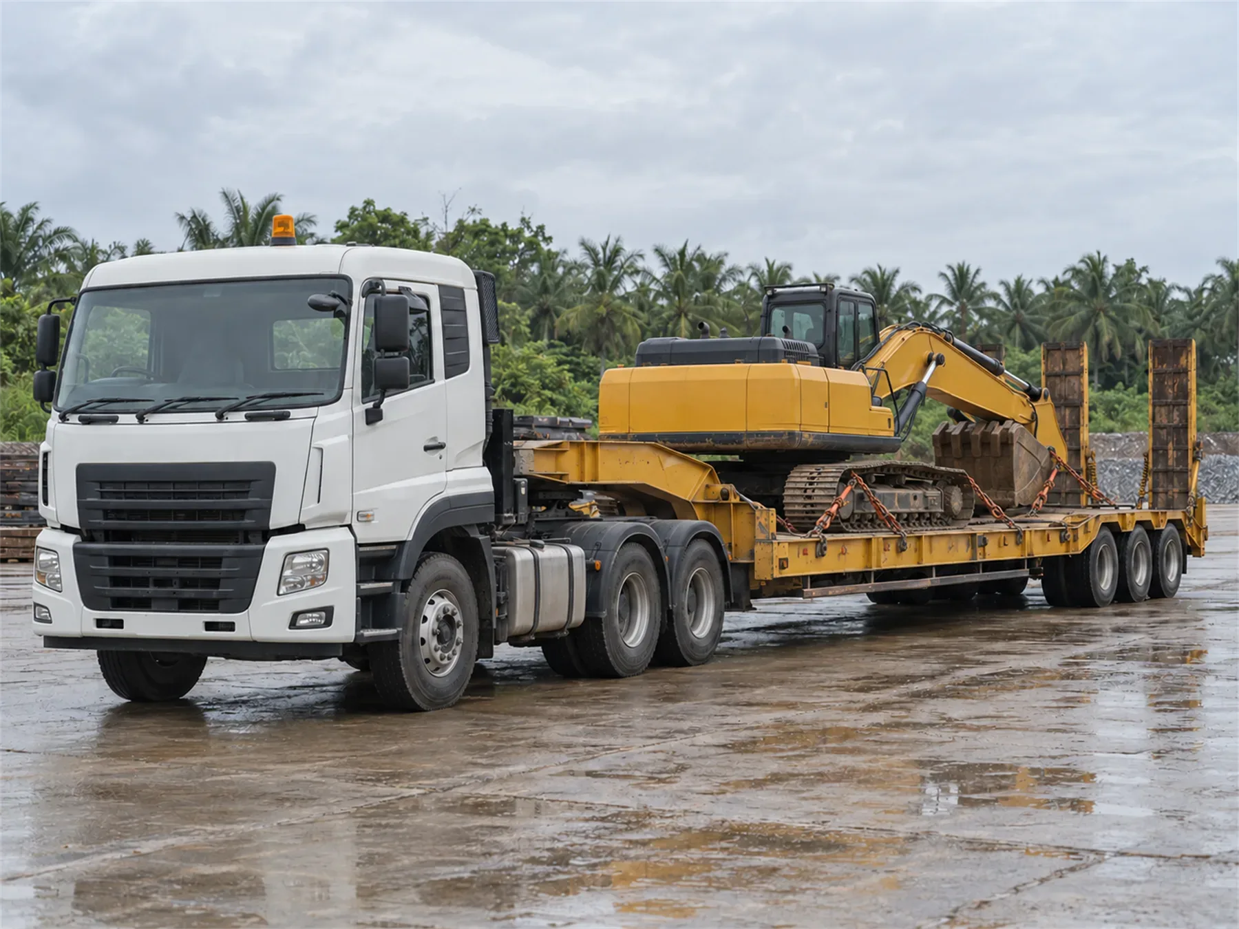 Trailer lowbed mengangkut ekskavator yang diikat