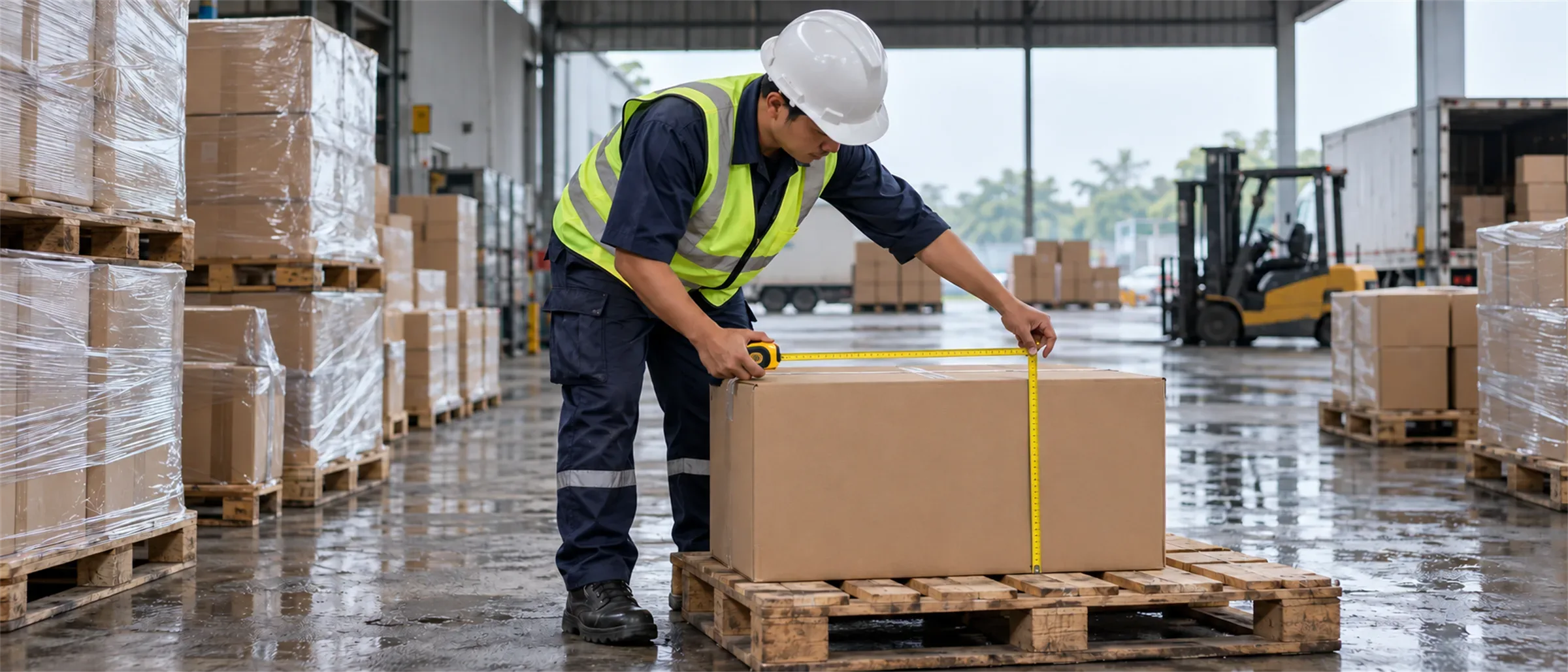 Petugas gudang mengukur dimensi kardus di atas palet dengan meteran
