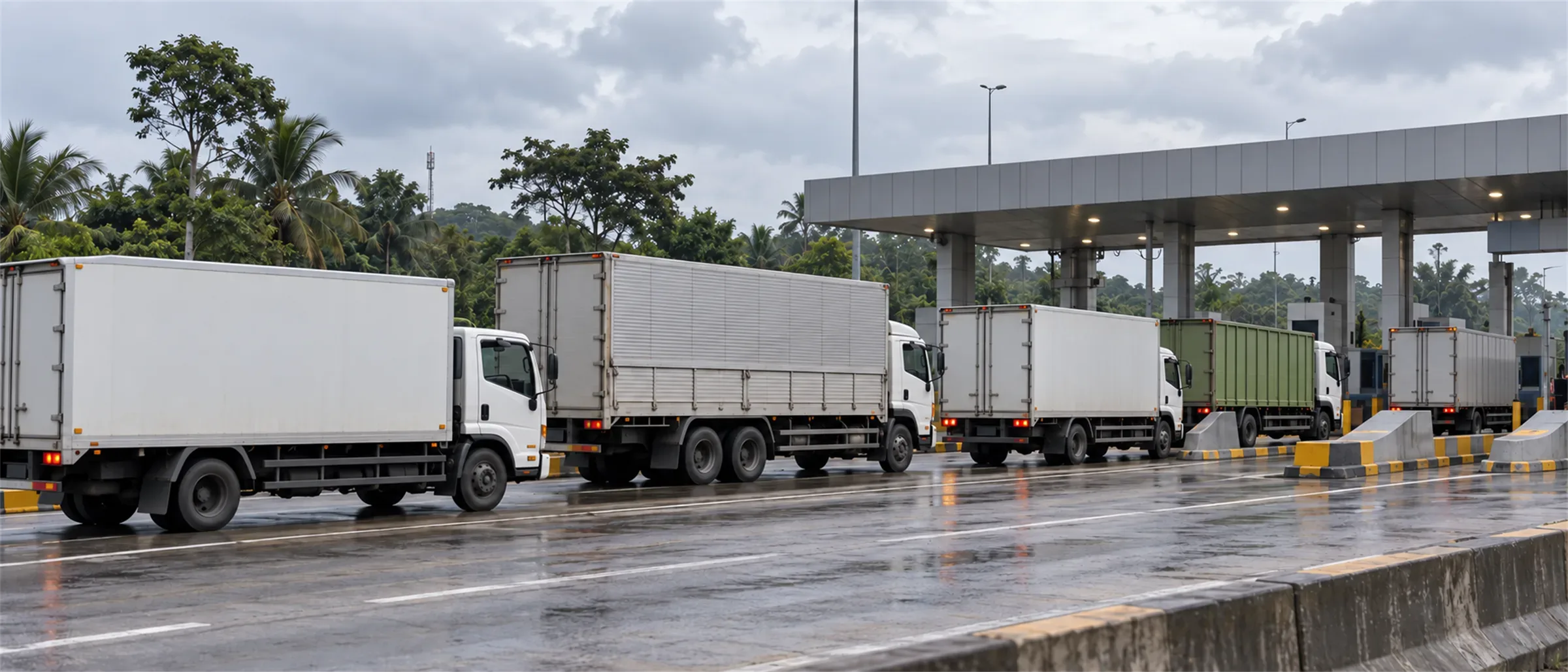 Deretan truk box mengantre di gerbang tol