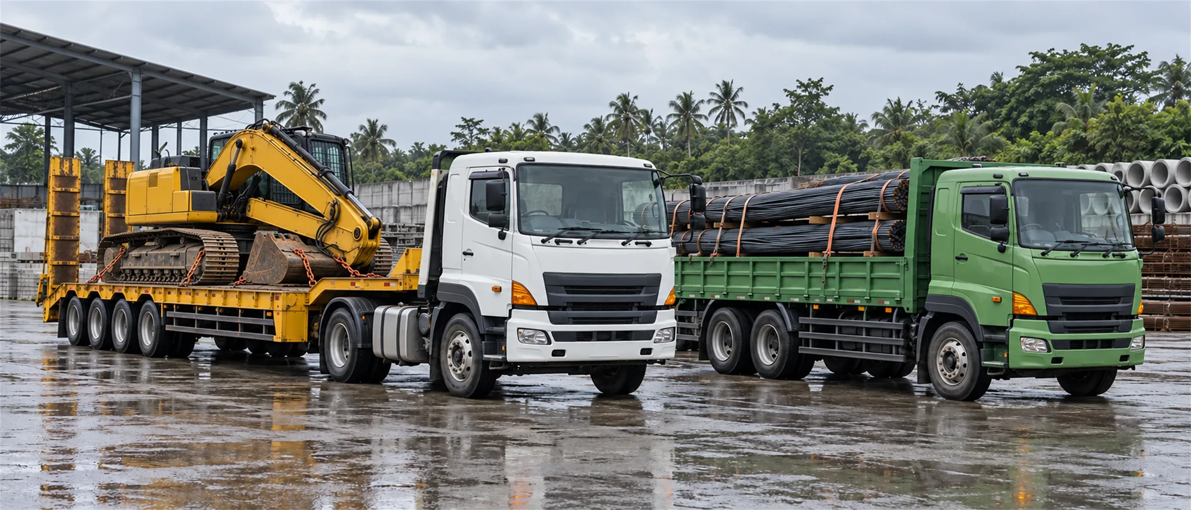 Lowbed bermuatan ekskavator di samping tronton bermuatan besi