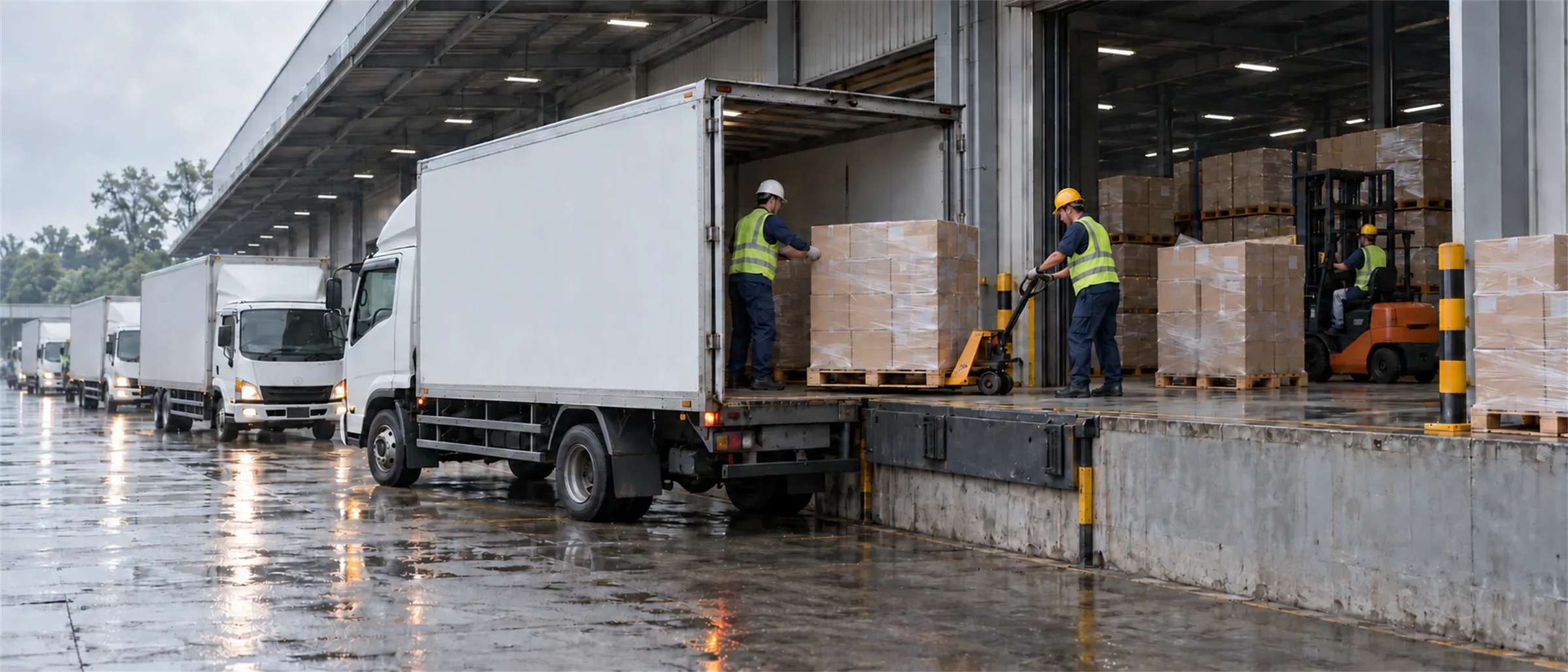 Truk box antre di dock distribusi sementara palet barang dimuat
