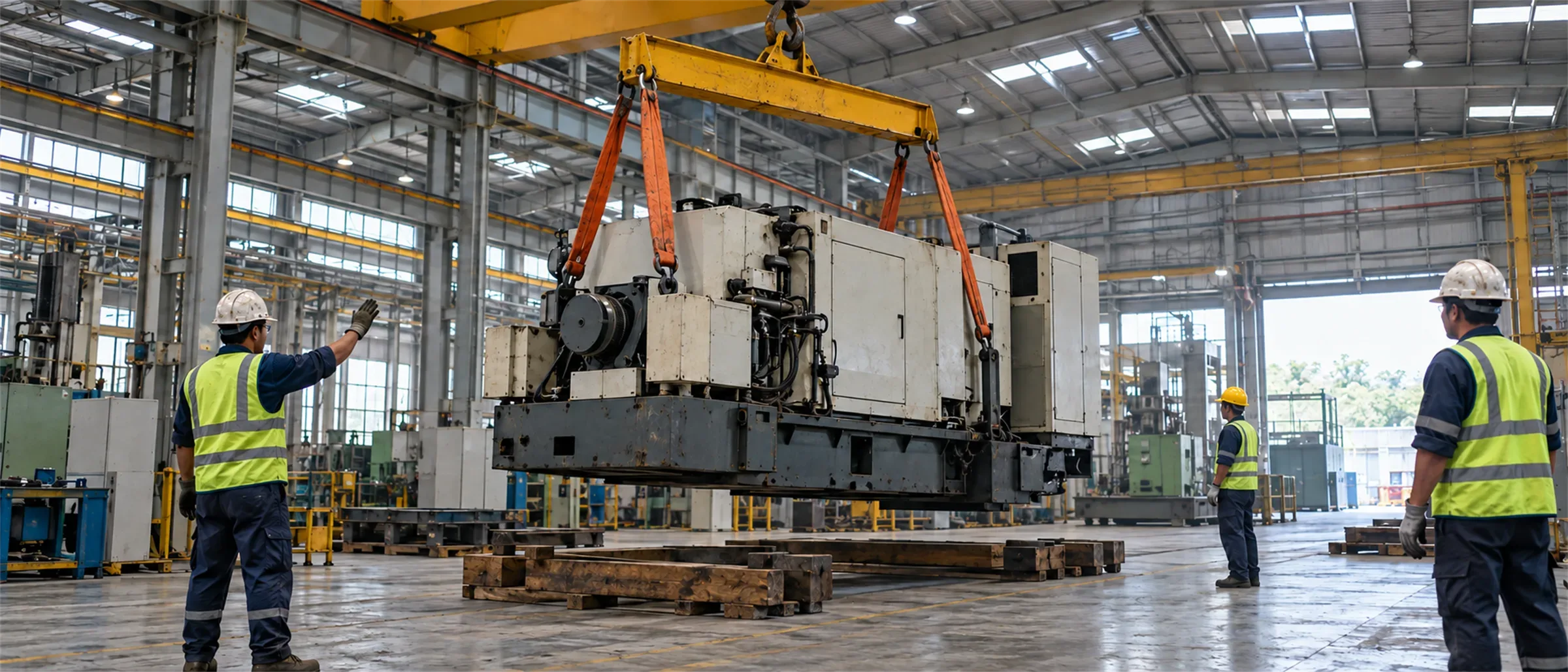 Mesin industri diangkat gantry crane di dalam pabrik, diarahkan petugas