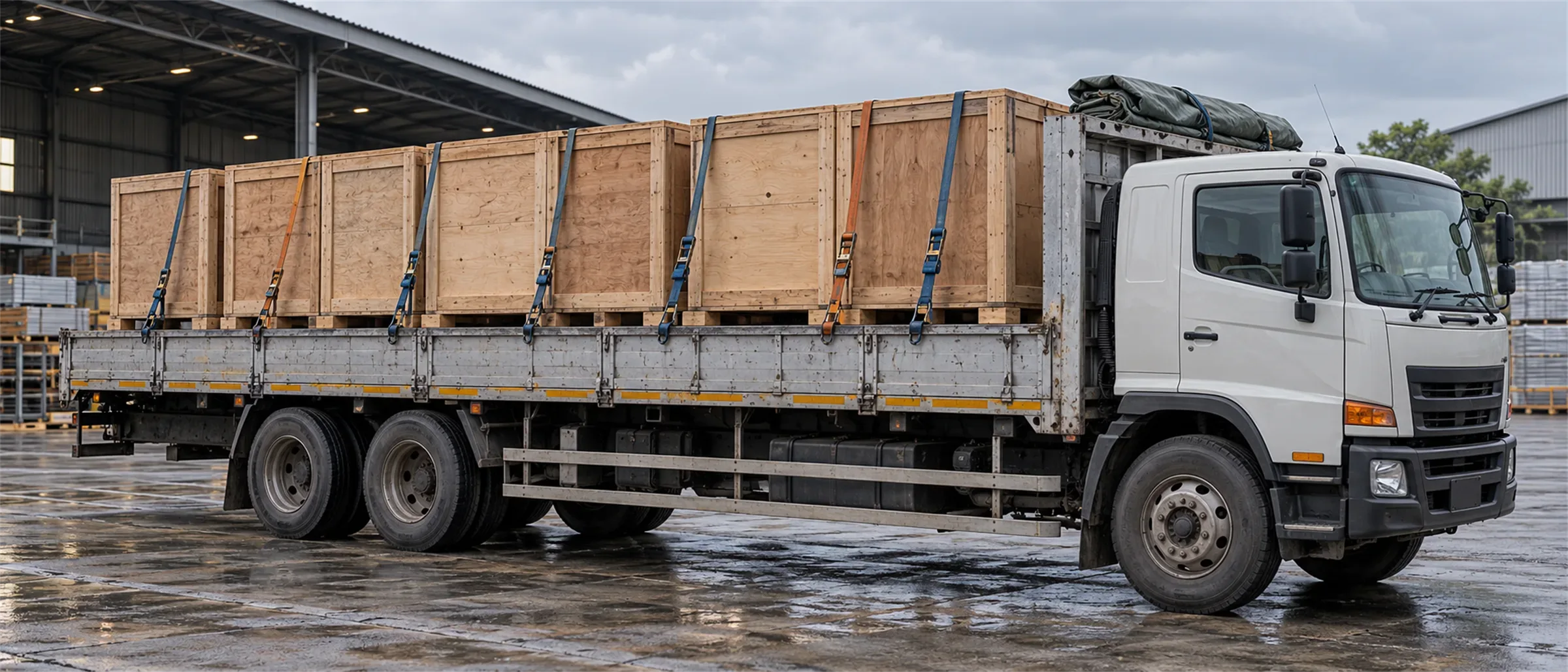 Deretan peti kayu mesin diikat di bak truk tronton