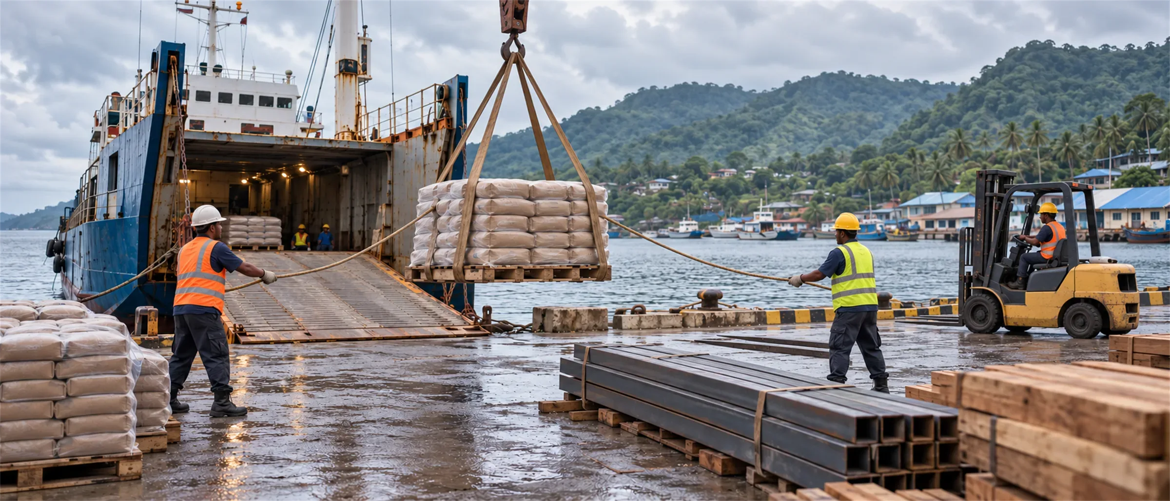Material bangunan dibongkar dari kapal di pelabuhan kecil
