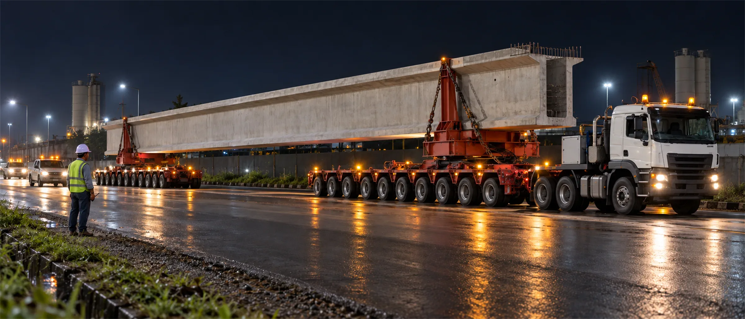 Girder beton panjang di atas trailer multi-axle saat pengangkutan malam