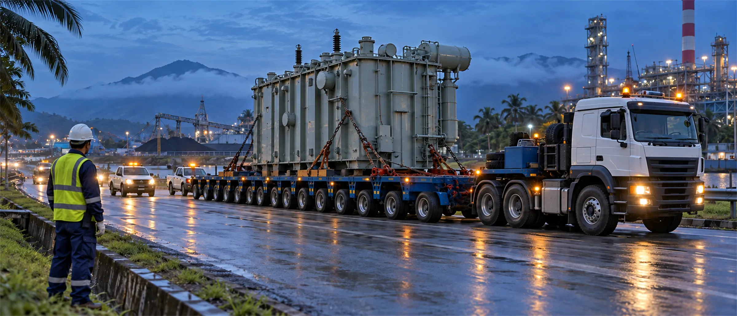 Trafo besar diangkut trailer multi-axle dengan pengawalan di jalan