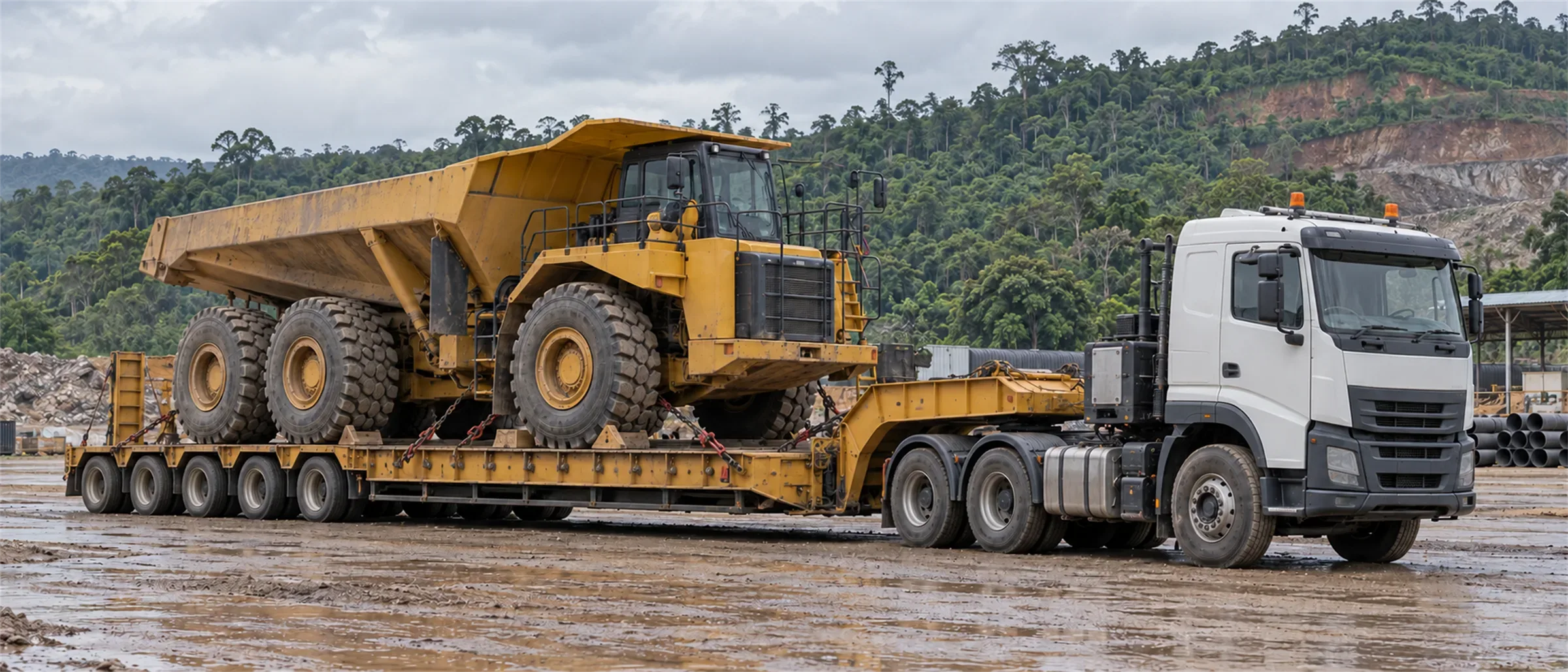 Dump truck tambang diangkut di atas trailer lowbed
